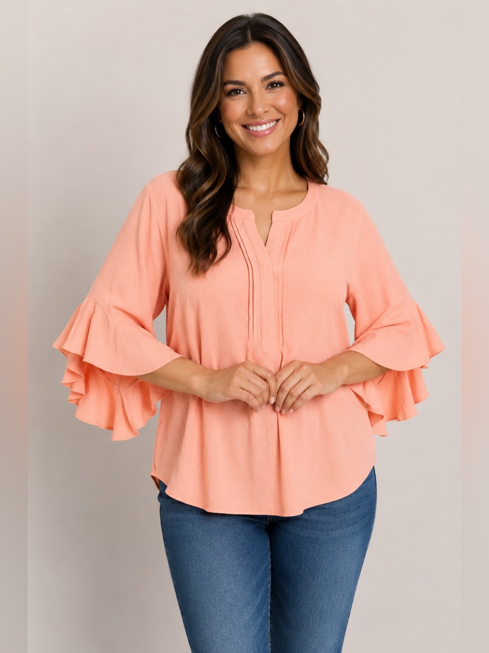 GIGIO Plus Size Coral Ruffle Sleeve Blouse